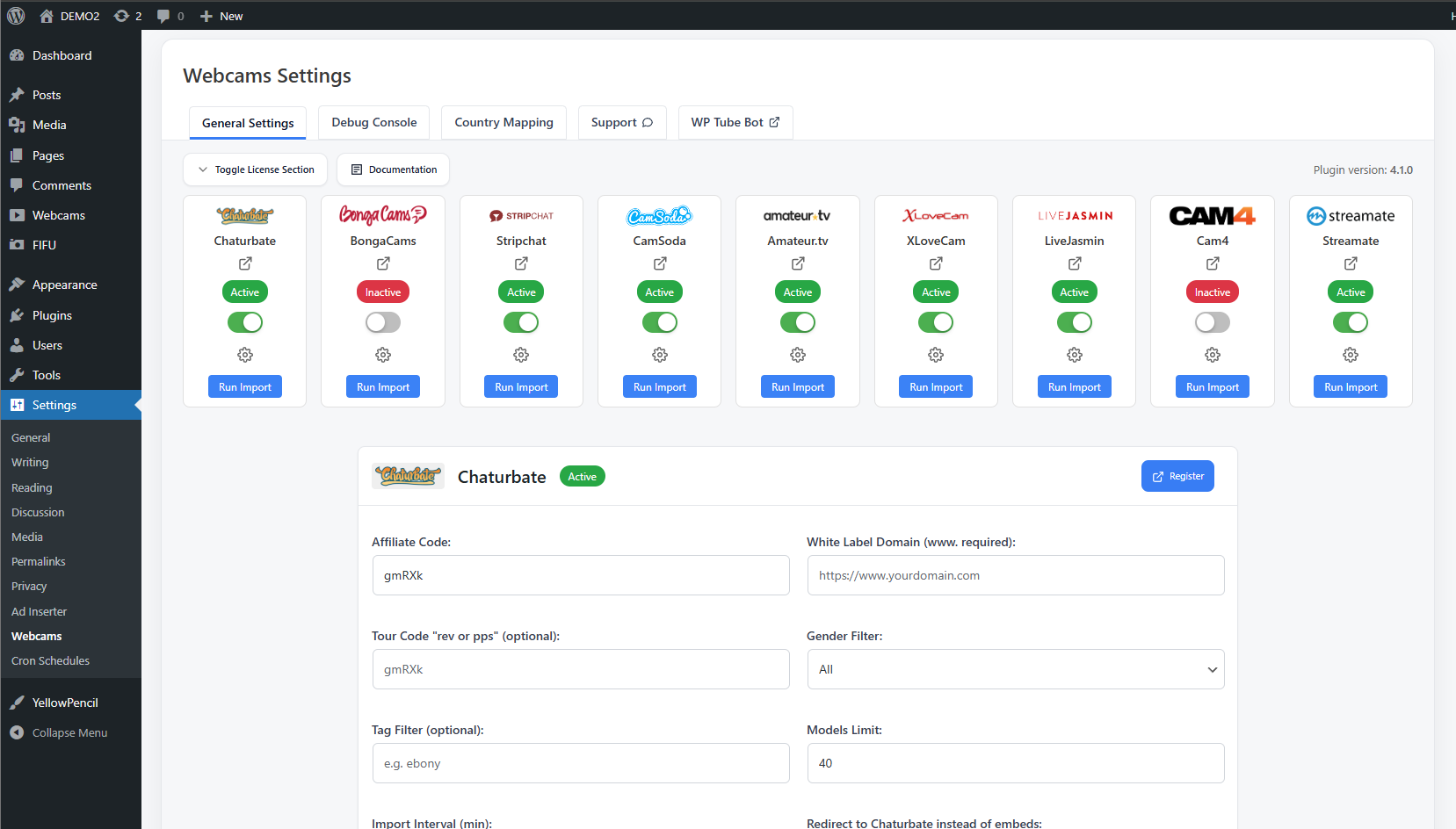 PluginCams settings inside WordPress